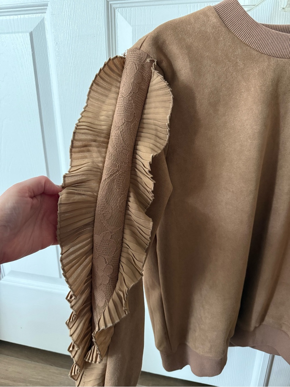 Women's Faux Suede Ruffle Lace Sleeve Sweatshirt - Picture 2 of 4
